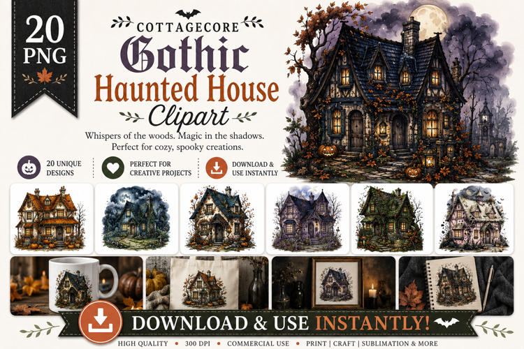 Cottagecore Gothic Haunted House Clipart Bundle
