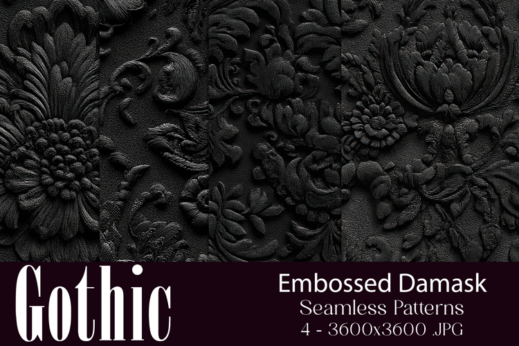 Gothic Patterns, Black Embossed Damask Seamless Pattern, s1