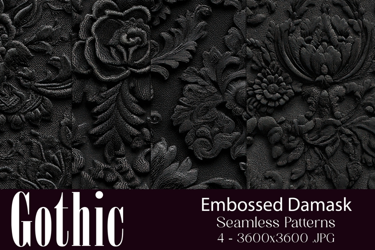 Gothic Patterns, Black Embossed Damask Seamless Pattern, s2