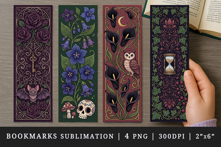 Gothic flowers printable sublimation bookmark design