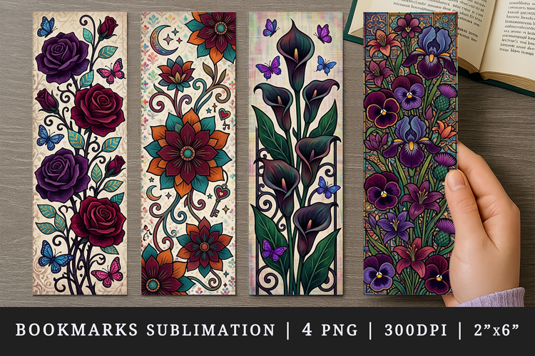 Gothic flowers printable sublimation bookmark design
