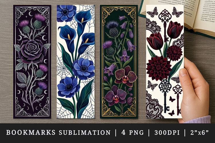 Gothic flowers printable sublimation bookmark design example image 1