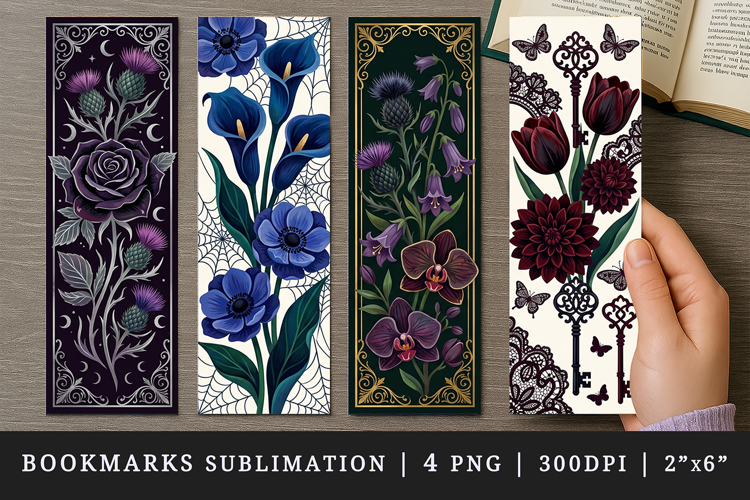 Gothic flowers printable sublimation bookmark design