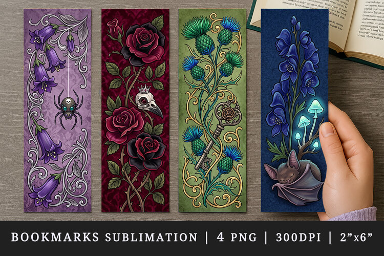 Gothic flowers printable sublimation bookmark design example image 1