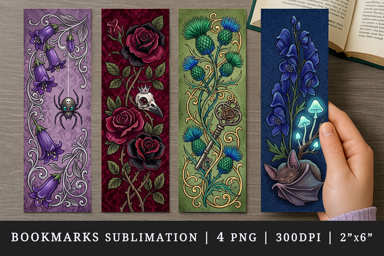 Gothic flowers printable sublimation bookmark design