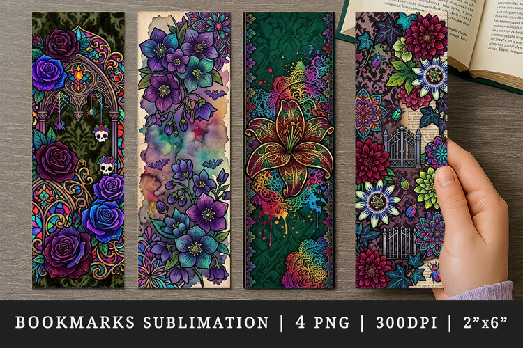Gothic flowers printable sublimation bookmark design example image 1