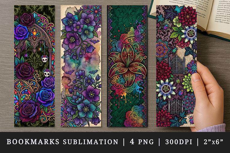 Gothic flowers printable sublimation bookmark design