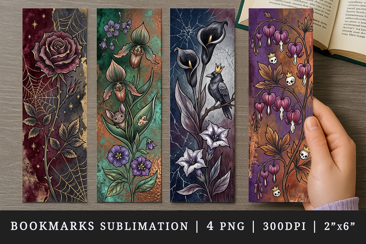 Gothic flowers printable sublimation bookmark design