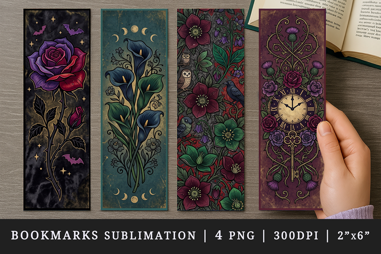 Gothic flowers printable sublimation bookmark design