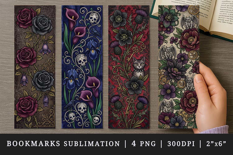 Gothic flowers printable sublimation bookmark design