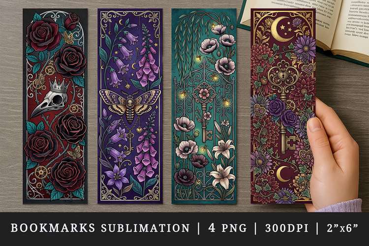 Gothic flowers printable sublimation bookmark design