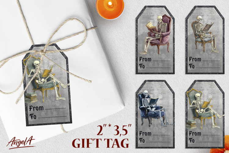 Book lover Halloween gift tags, funny skeleton reading book