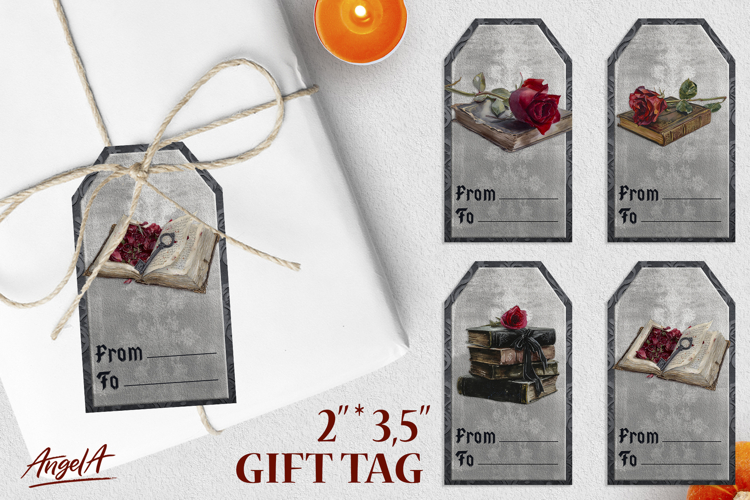 Book lover Halloween gift tags, vintage book with red rose