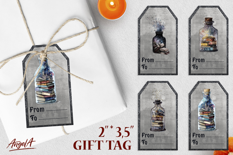 Book lover Halloween gift tags, magic bottle, stack of books