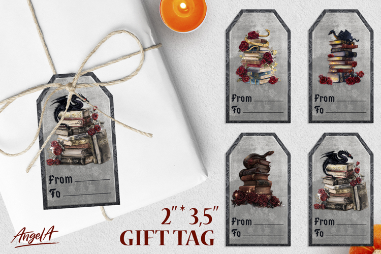 Book lover gift tags, gothic vintage dragon, books, snake,