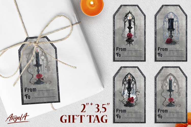 Gothic gift tags, vintage candle with red roses