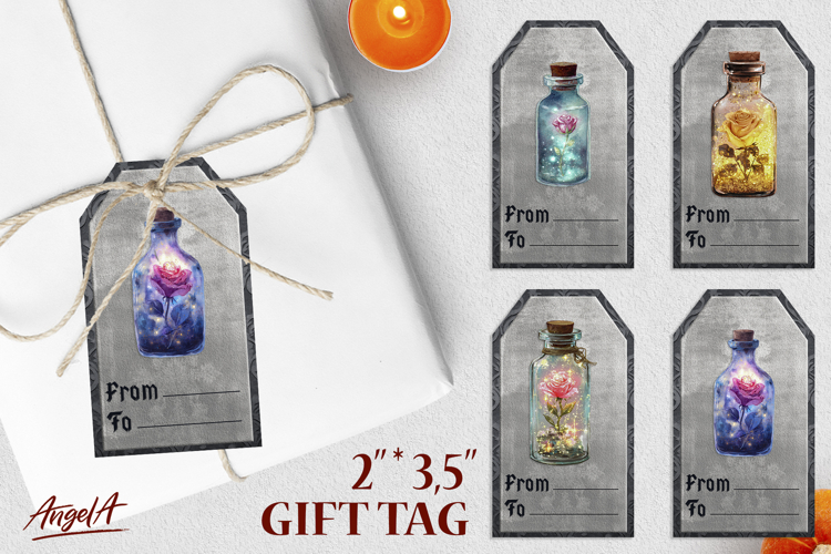 Magical gift tags, magic bottle with pink roses