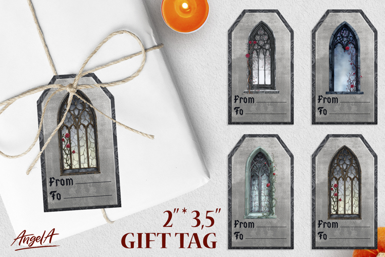 Gothic gift tags, vintage gothic window with red roses
