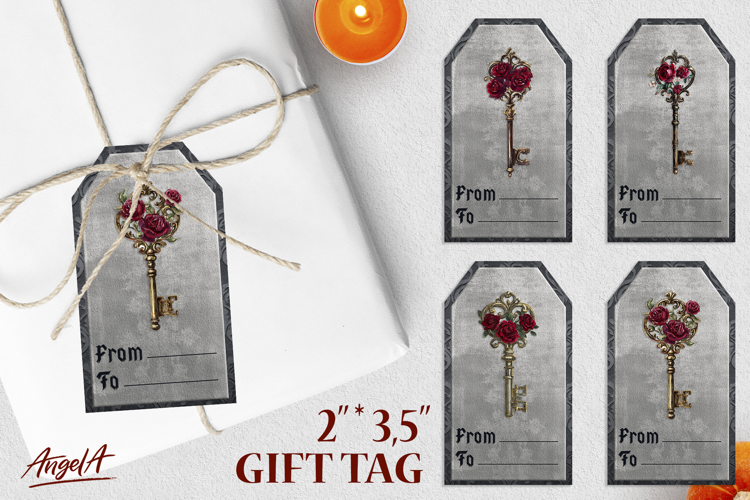 Gothic gift tags, vintage floral golden key with red roses P