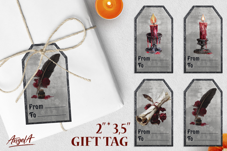 Gothic gift tags, vintage floral papyrus, candle, feather