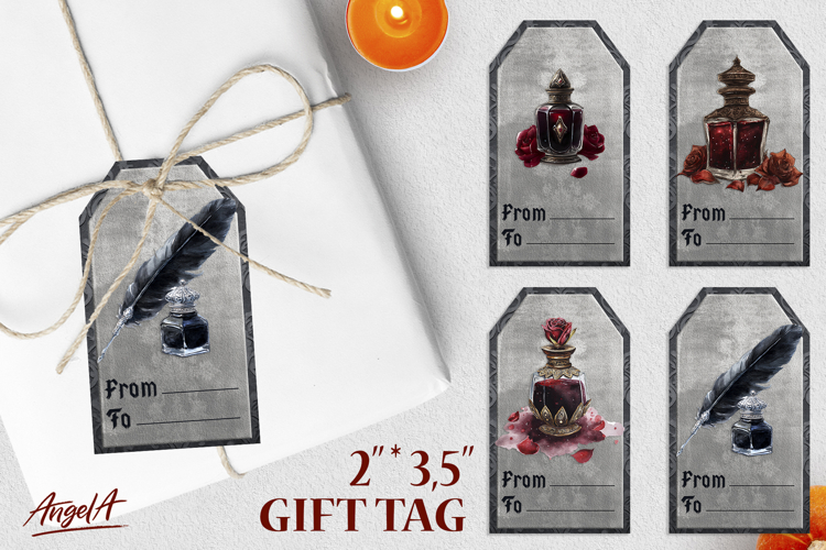 Gothic gift tags, vintage feather with ink bottle, red roses