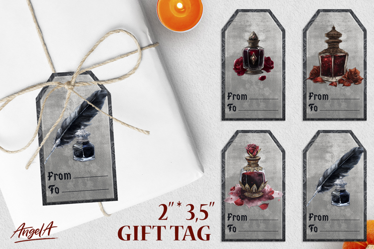 Gothic gift tags, vintage feather with ink bottle, red roses
