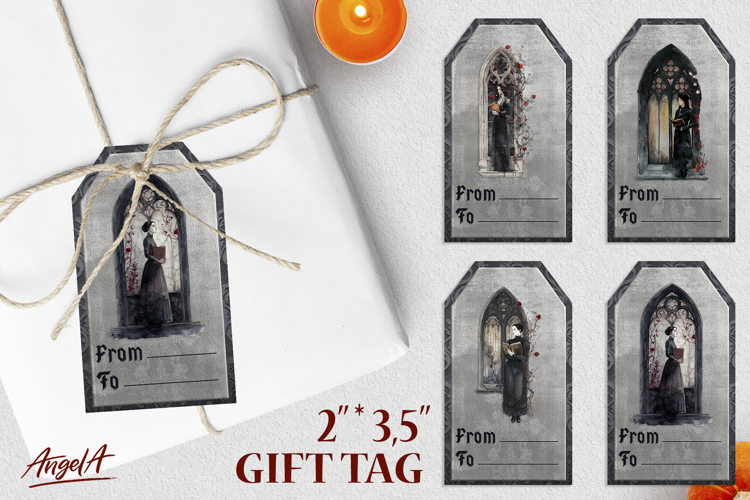 Gothic book lover gift tags , retro woman, gothic window