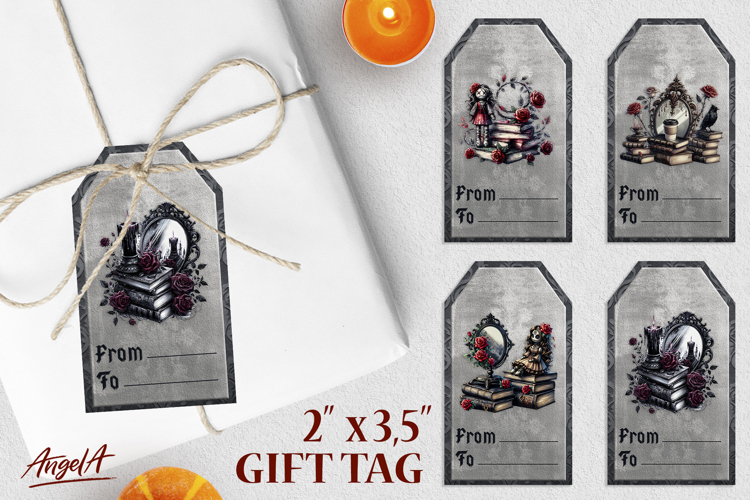 Book lover gift tags, gothic vintage books, mirror, red rose
