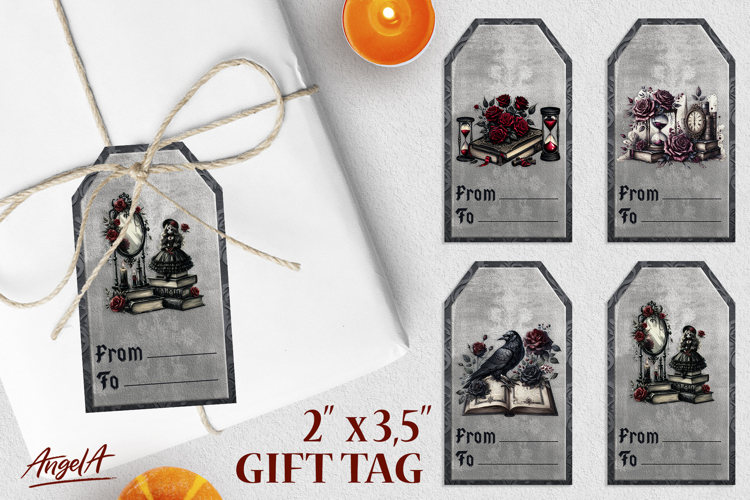 Book lover gift tags, gothic vintage hourglass, doll, raven
