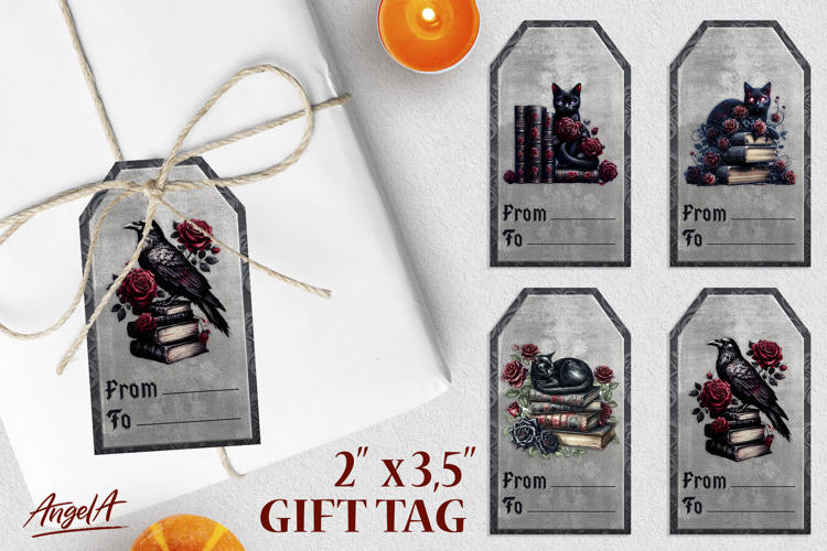 Book lover gift tags, gothic vintage, black cat, raven