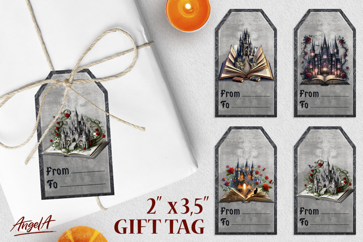Book lover gift tags, gothic vintage open book with castle