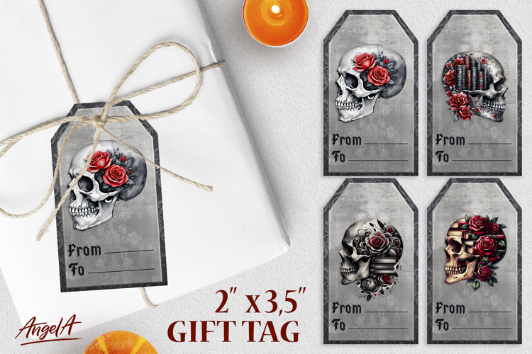 Book lover gift tags, gothic floral skull with red roses