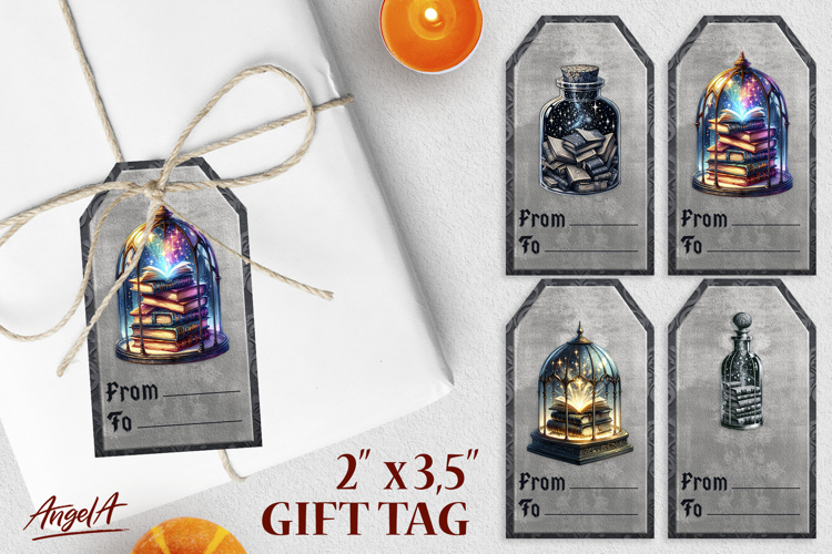 Book lover gift tags, magic bottle, dome with stack of books