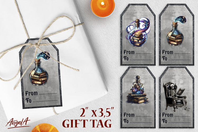 Book lover gift tags, magic bottle, stack of books, skeleton