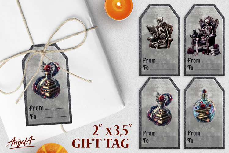 Book lover gift tags, magic bottle, skeleton reading book