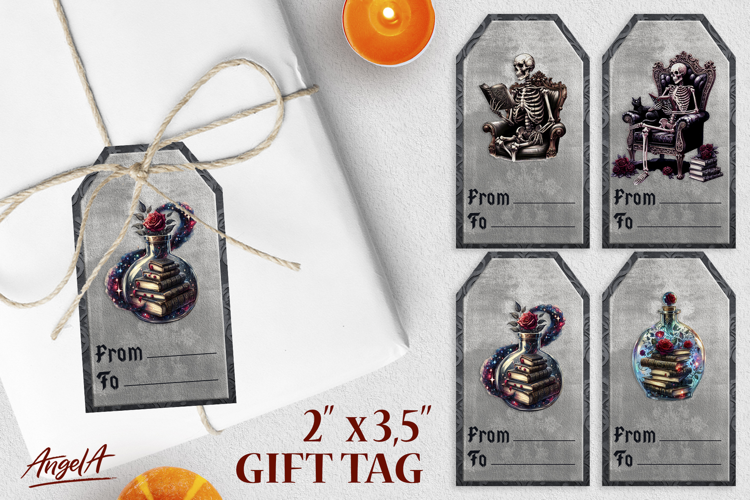 Book lover gift tags, magic bottle, skeleton reading book