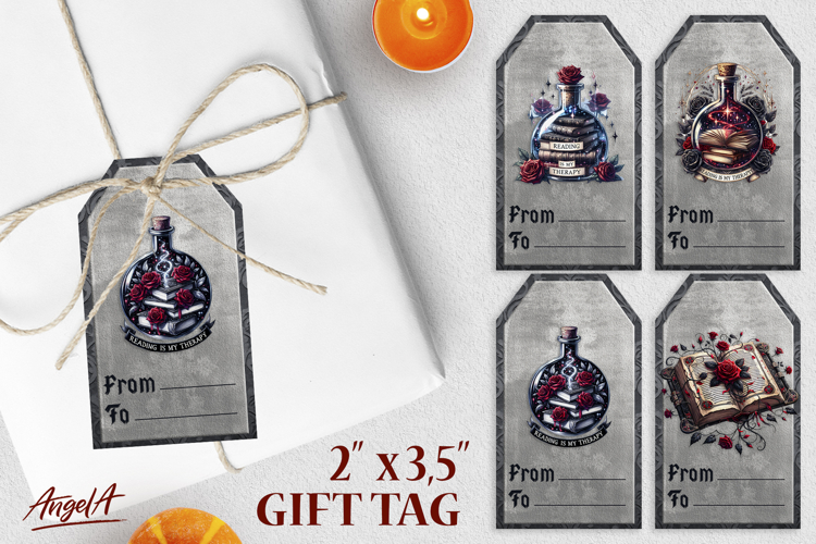 Book lover gift tags, magic bottle, gothic vintage open book