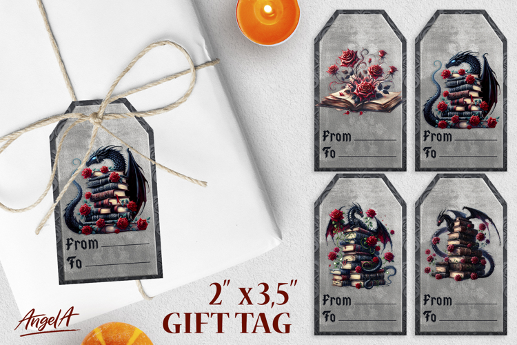Book lover gift tags, gothic floral books, dragon, red roses
