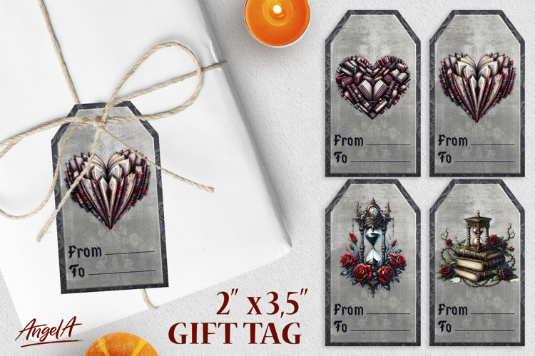 Book lover gift tags, gothic vintage hourglass, heart shape