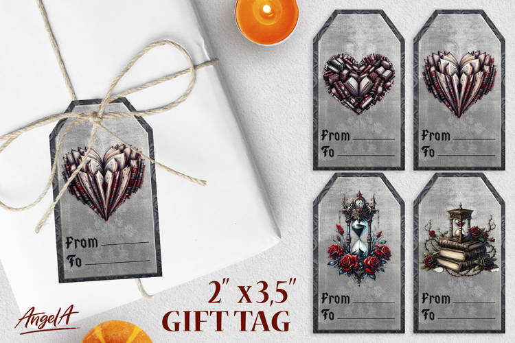 Book lover gift tags, gothic vintage hourglass, heart shape