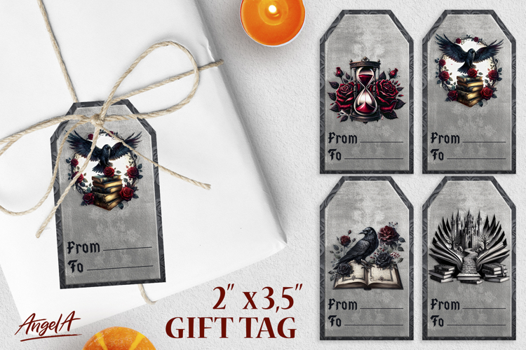 Book lover gift tags, gothic vintage hourglass, raven