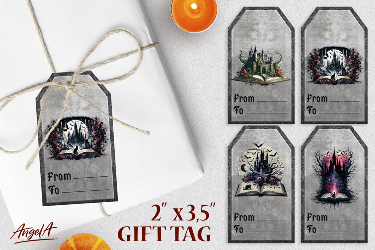 Book lover gift tags, gothic mystical open book, castle