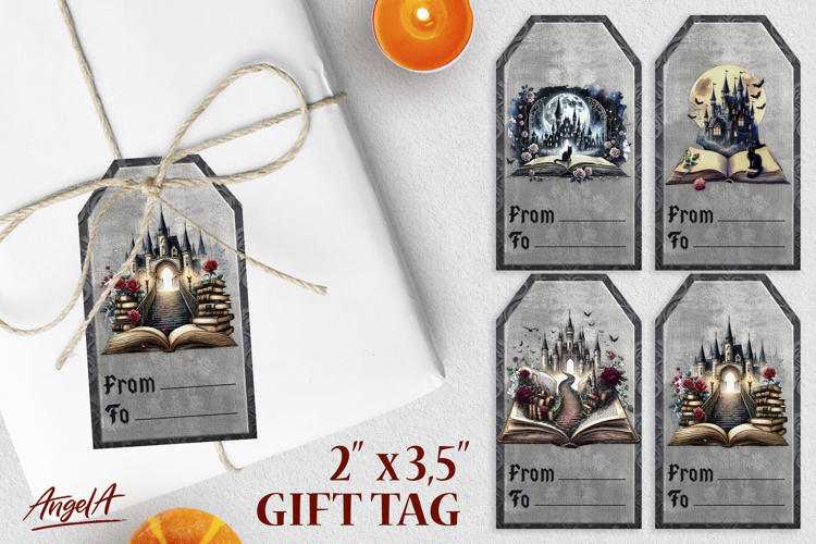Book lover gift tags, gothic mystical open book, castle