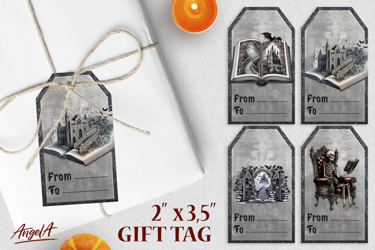 Book lover gift tags, gothic book, mystical castle, skeleton