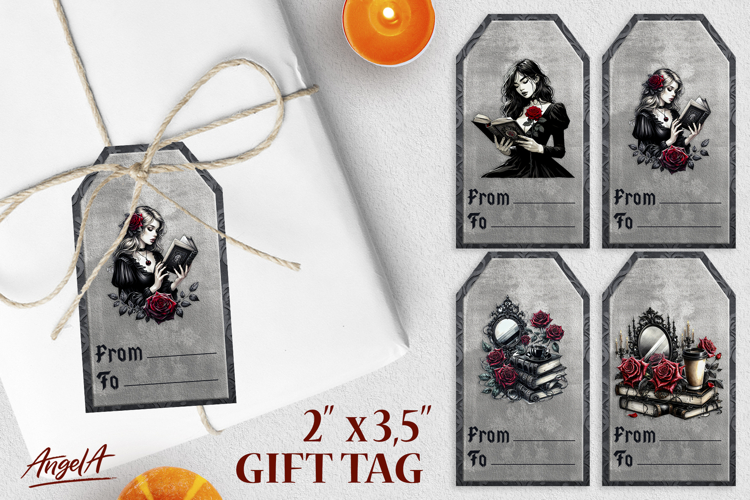 Book lover gift tags, gothic floral, woman reading book