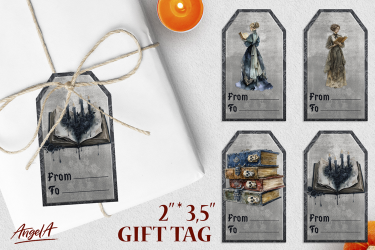 Gothic book lover gift tags , retro woman, stack of books