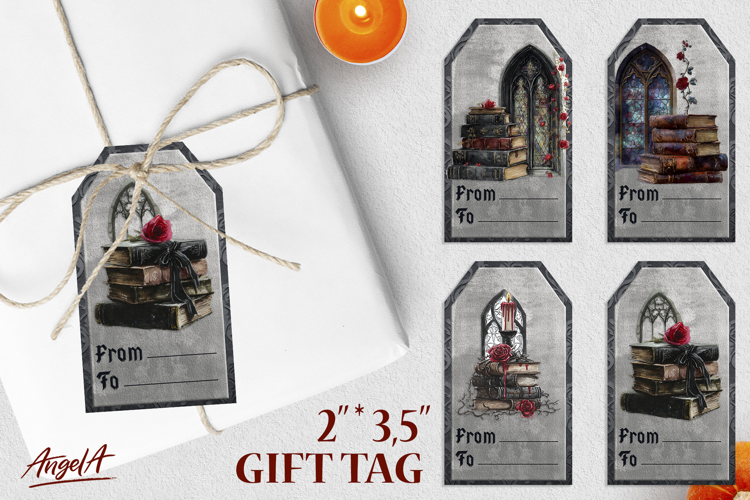 Book lover gift tags, Gothic window and stack of books