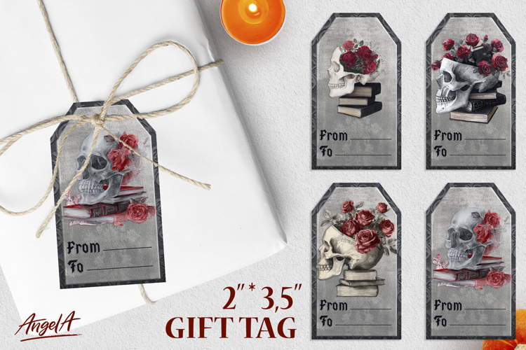 Book lover gift tags, gothic floral skull on stack of books