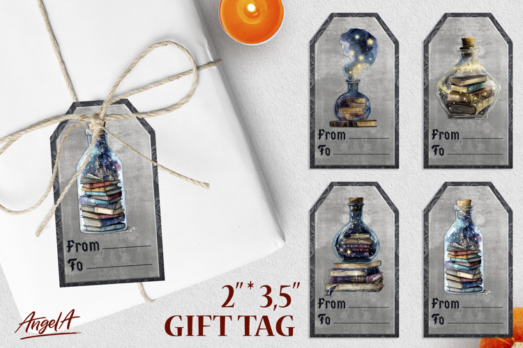 Book lover gift tags, magic bottle with stack of books PNG