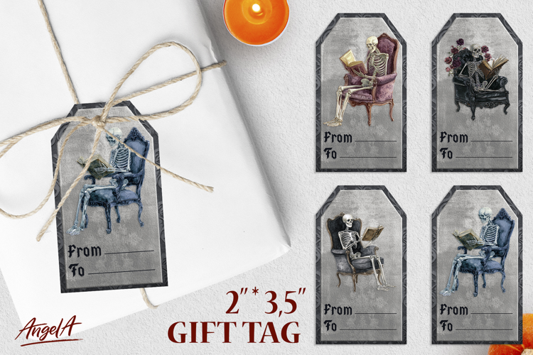 Book lover Halloween gift tags, funny skeleton reading book